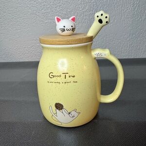 Super Cute Yellow Cat Mug with Lid and Spoon